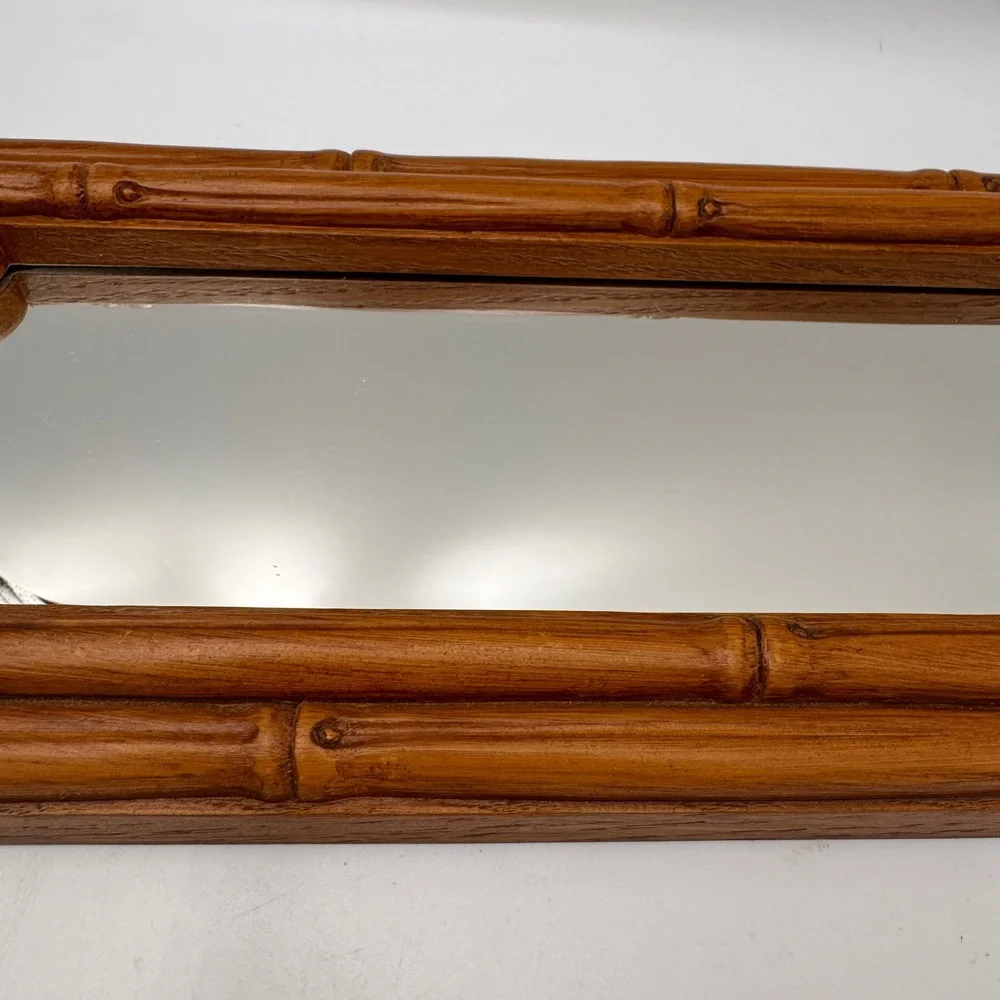 Vintage Hollywood Regency Faux Bamboo Wall Mirror Brown Chinoiserie 14x5.5 inch